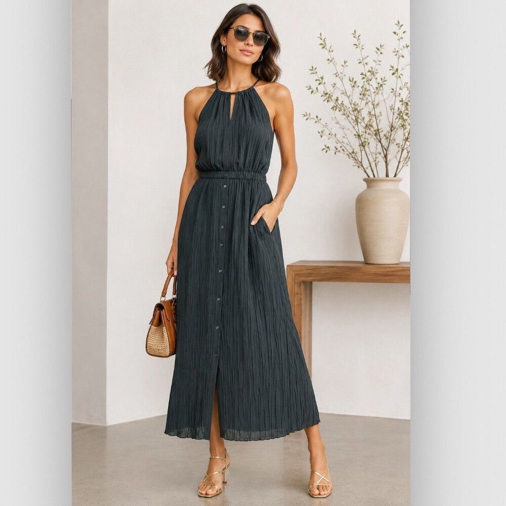 Theory Gathered Pleated Cami Midi Maxi Dress Halter Sleeveless Size M